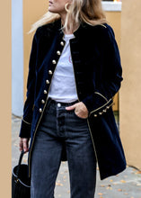 Load image into Gallery viewer, New Navy Stand Collar Button Patchwork Velvet Coat Fall