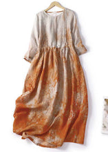 Load image into Gallery viewer, New Orange Print Lace Up Pockets Cotton Long Dress Half Sleeve