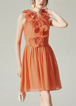 Load image into Gallery viewer, New Orange Wrinkled Solid Chiffon Mid Dress Sleeveless