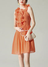 Load image into Gallery viewer, New Orange Wrinkled Solid Chiffon Mid Dress Sleeveless