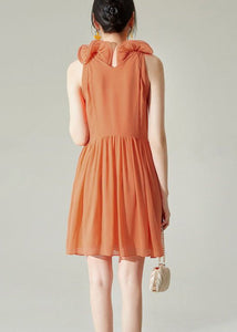 New Orange Wrinkled Solid Chiffon Mid Dress Sleeveless