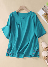 Load image into Gallery viewer, New Peacock Blue Embroidered Side Open Cotton T Shirt Summer