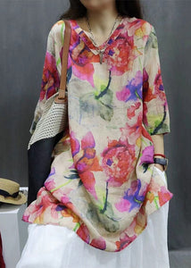 New Photo Color V Neck Print Linen Blouse Half Sleeve