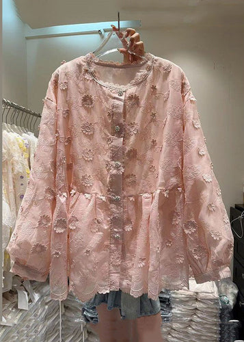 New Pink Embroidered Button Lace Shirt Spring