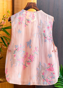 New Pink O-Neck Embroidered Button Silk Waistcoat Sleeveless