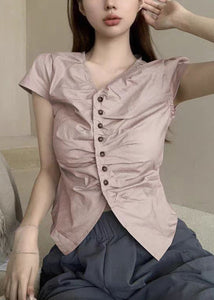 New Pink V Neck Button Cotton T Shirt Summer