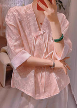 Load image into Gallery viewer, New Pink V Neck Embroidered Chinese Button Silk Blouses Half Sleeve