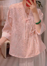 Load image into Gallery viewer, New Pink V Neck Embroidered Chinese Button Silk Blouses Half Sleeve