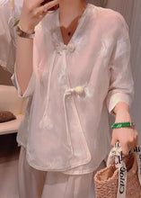 Load image into Gallery viewer, New Pink V Neck Embroidered Chinese Button Silk Blouses Half Sleeve