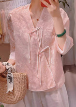 Load image into Gallery viewer, New Pink V Neck Embroidered Chinese Button Silk Blouses Half Sleeve