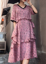 Load image into Gallery viewer, New Pink V Neck Ruffled Print Cotton Dress Short Sleeve