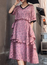 Load image into Gallery viewer, New Pink V Neck Ruffled Print Cotton Dress Short Sleeve