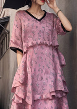 Load image into Gallery viewer, New Pink V Neck Ruffled Print Cotton Dress Short Sleeve