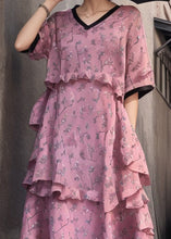 Load image into Gallery viewer, New Pink V Neck Ruffled Print Cotton Dress Short Sleeve