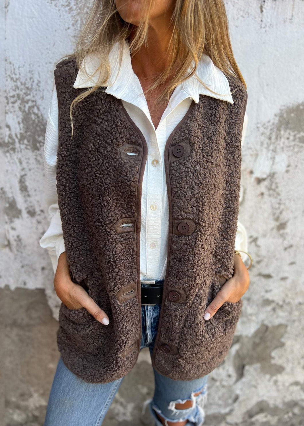 New Plus Size Coffee Pockets Button Faux Fur Vest Fall