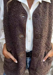 New Plus Size Coffee Pockets Button Faux Fur Vest Fall