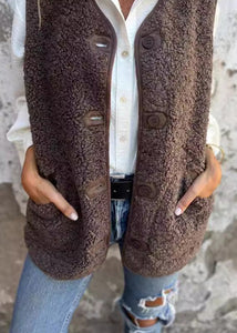 New Plus Size Coffee Pockets Button Faux Fur Vest Fall