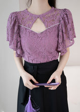 Load image into Gallery viewer, New Purple O-Neck Hollow Out Lace Shirt Summer