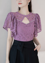 Load image into Gallery viewer, New Purple O-Neck Hollow Out Lace Shirt Summer