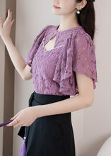 Load image into Gallery viewer, New Purple O-Neck Hollow Out Lace Shirt Summer