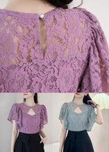 Load image into Gallery viewer, New Purple O-Neck Hollow Out Lace Shirt Summer