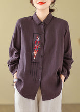 Load image into Gallery viewer, New Purple Solid Embroidered Cotton Blouses Long Sleeve