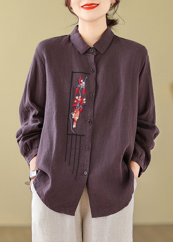 New Purple Solid Embroidered Cotton Blouses Long Sleeve