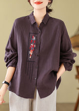 Load image into Gallery viewer, New Purple Solid Embroidered Cotton Blouses Long Sleeve