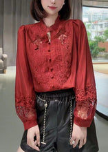 Load image into Gallery viewer, New Red Embroidered Ruffled Button Cotton Shirt Long Sleeve