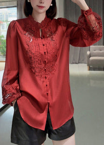 New Red Embroidered Ruffled Button Cotton Shirt Long Sleeve