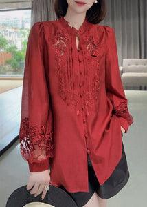 New Red Embroidered Ruffled Button Cotton Shirt Long Sleeve