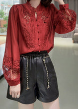 Load image into Gallery viewer, New Red Embroidered Ruffled Button Cotton Shirt Long Sleeve