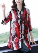 Load image into Gallery viewer, New Red Peter Pan Collar Print Button Patchwork Chiffon Shirts Bracelet Sleeve