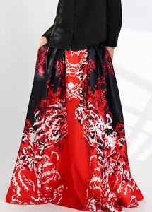 New Red Print Pockets High Waist Silk Skirts Spring