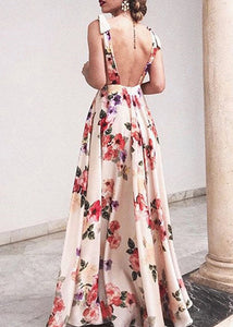 New Red V Neck Print Backless Cotton Maxi Dresses Sleeveless