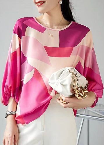 New Rose O Neck Print Button Silk Blouse Spring