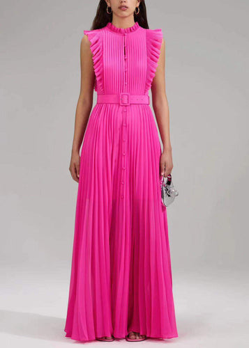 New Rose Ruffled Button Sashes Chiffon Maxi Dresses Sleeveless