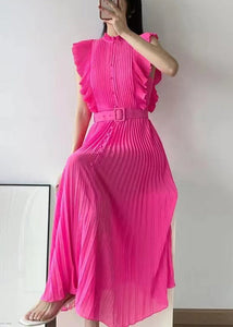 New Rose Ruffled Button Sashes Chiffon Maxi Dresses Sleeveless