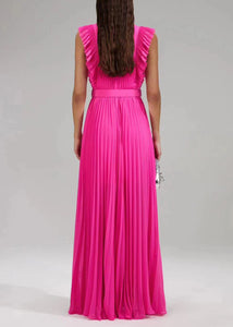 New Rose Ruffled Button Sashes Chiffon Maxi Dresses Sleeveless