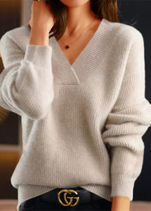 New Simple Grey V Neck Thick Cozy Knit Pullover Fall