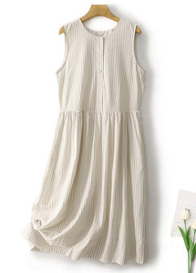 New Striped O Neck Button Cotton Long Dresses Sleeveless