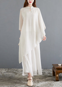 New White Asymmetrical Button Chiffon Sets 2 Pieces Half Sleeve