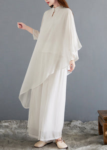 New White Asymmetrical Button Chiffon Sets 2 Pieces Half Sleeve