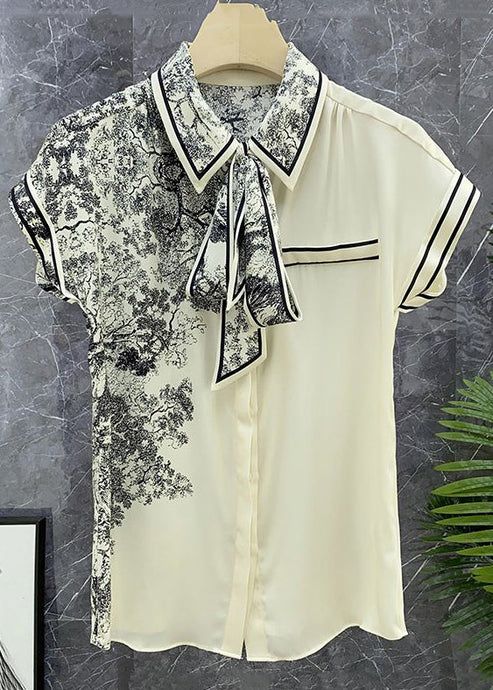 New White Bow Button Print Chiffon Top Summer