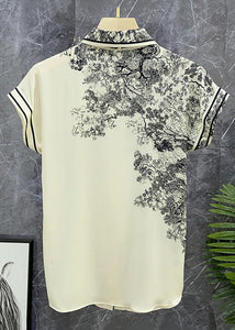 New White Bow Button Print Chiffon Top Summer