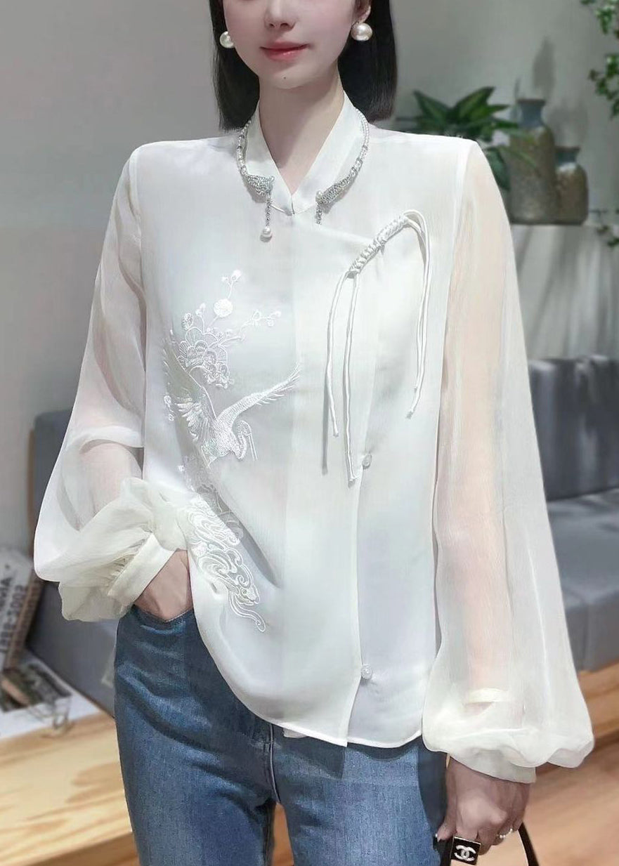 New White Embroidered Chinese Button Chiffon Shirt Spring