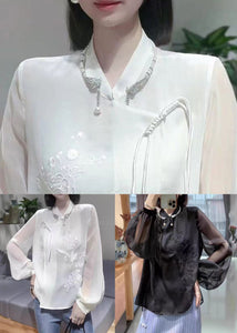 New White Embroidered Chinese Button Chiffon Shirt Spring