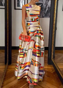 New White Print High Waist Silk Long Dress Sleeveless