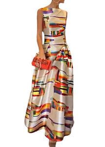 New White Print High Waist Silk Long Dress Sleeveless