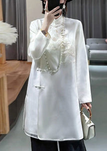 New White Stand Collar Embroidered Button Silk Shirt Long Sleeve